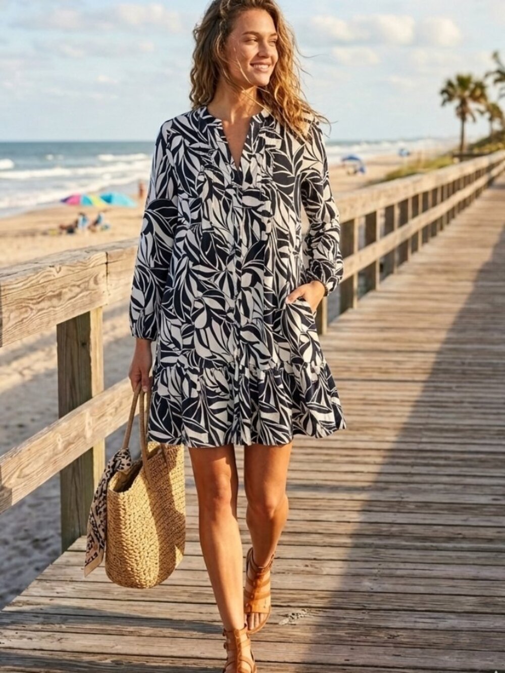 Rachel Zoe Navy White Abstract Palm Tiered Tunic Dress L EUC